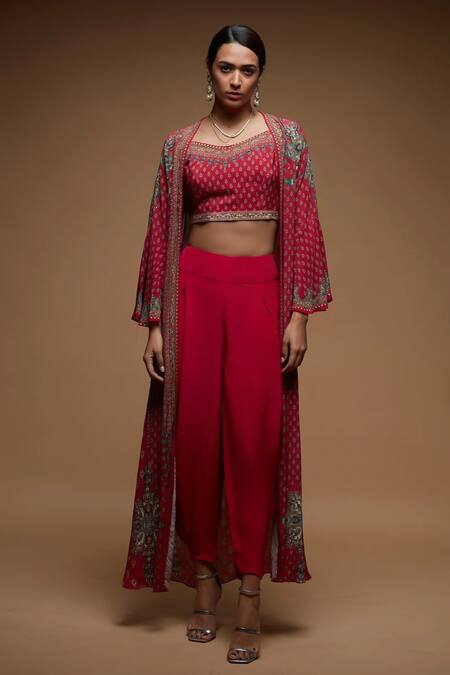 Shop_Nirraamyaa_Fuchsia Bemberg, Crepe Rhinestones Square Neck, Open Fuschia Work Jacket Set 