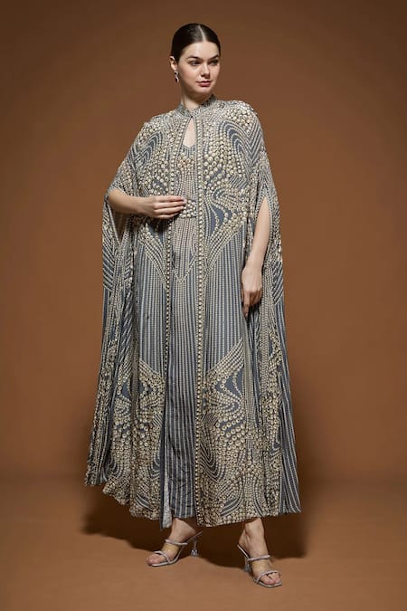 Nirraamyaa Gray Bemberg, Crepe Rhinestones Keyhole Neck Designer Cape And Kurta Set 