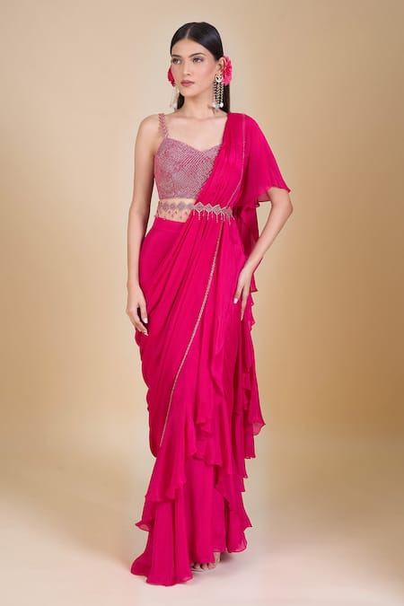 Samyukta Singhania Magenta Hand Embroidered Blouse & Saree Set 