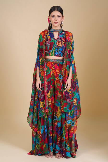 Samyukta Singhania_Multi Color Chinon Embroidery, Zari, Sequins Keyhole Neck, Open Crop Top Set_Online_at_Aza_Fashions