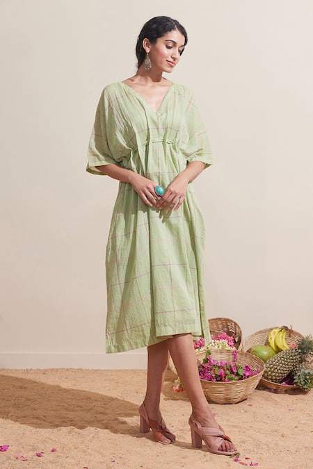 Dressfolk Green Cotton V-neck Check Tunic Dress