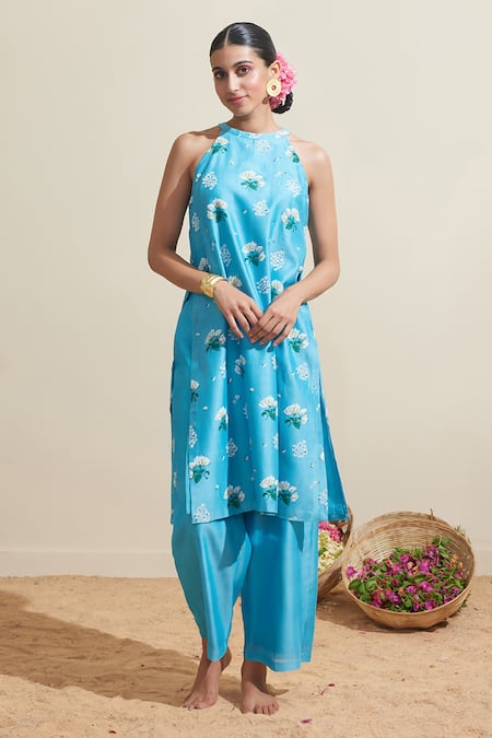 Dressfolk Aqua Chanderi Embroidery Halter Neck Blue Kurta And Pant Set