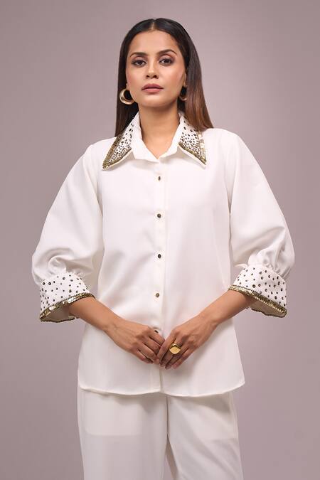 Samyukta Singhania_White Crepe Sequins Collared Embellished Shirt And Pant Set _Online_at_Aza_Fashions