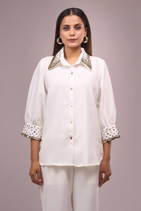 Buy_Samyukta Singhania_White Crepe Sequins Collared Embellished Shirt And Pant Set _Online_at_Aza_Fashions