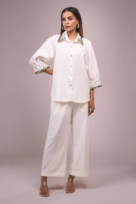 Shop_Samyukta Singhania_White Crepe Sequins Collared Embellished Shirt And Pant Set _Online_at_Aza_Fashions