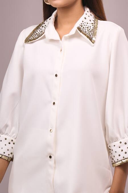 Samyukta Singhania_White Crepe Sequins Collared Embellished Shirt And Pant Set _at_Aza_Fashions
