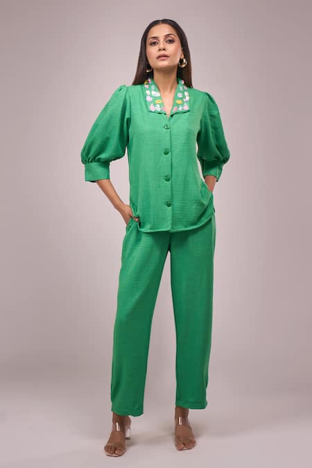 Samyukta Singhania Green Sequin Embellished Shirt & Pant Set 