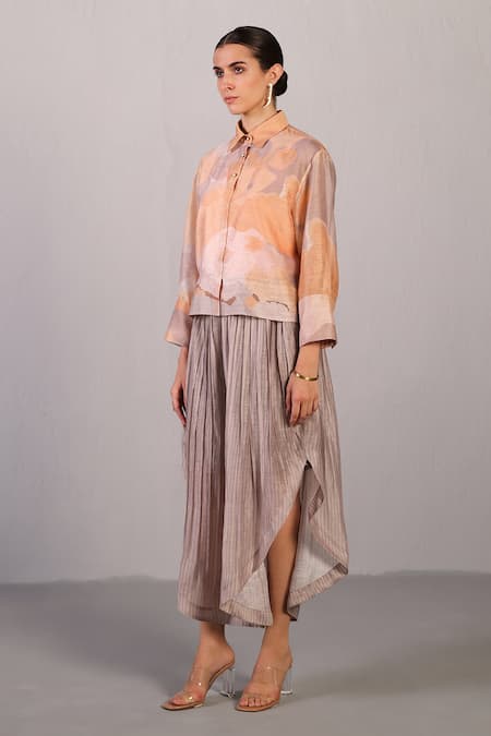 Shop Clos Orange Linen, Silk Collared Soft Grey And Designer Shirt Pant Set at Aza Fashions Shop_Clos_Orange Linen, Silk Collared Soft Grey And Designer Shirt Pant Set _at_Aza_Fashions