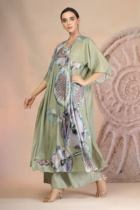 Buy_Soniya G_Green Muslin, Silk V-neck Pista Designer Kurta And Palazzo Set 