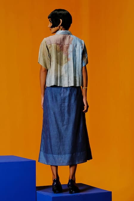 Shop Clos Blue Linen, Silk Collared Pastel And Green Designer Shirt Skirt Set at Aza Fashions Shop_Clos_Blue Linen, Silk Collared Pastel And Green Designer Shirt Skirt Set _at_Aza_Fashions