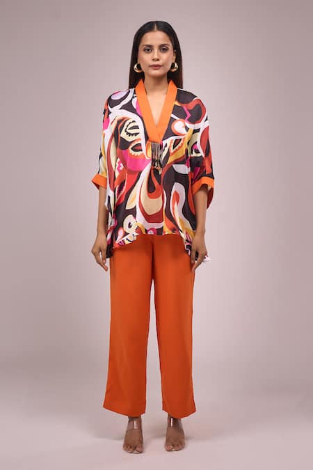 Naintara Bajaj_Orange Crepe V-neck Colorful Hanging Hand Work Top And Pant Set _at_Aza_Fashions