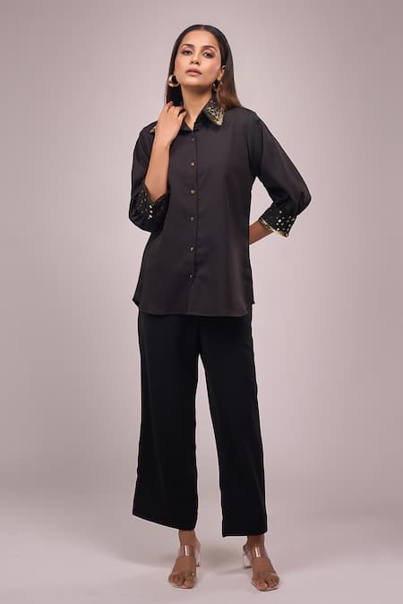 Buy_Samyukta Singhania_Black Crepe Sequins Collared Detail Shirt And Pant Set 