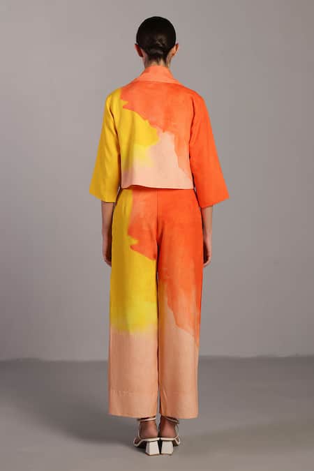 Shop_Clos_Orange Kota Doria Open Neck Bright And Yellow Designer Set _at_Aza_Fashions