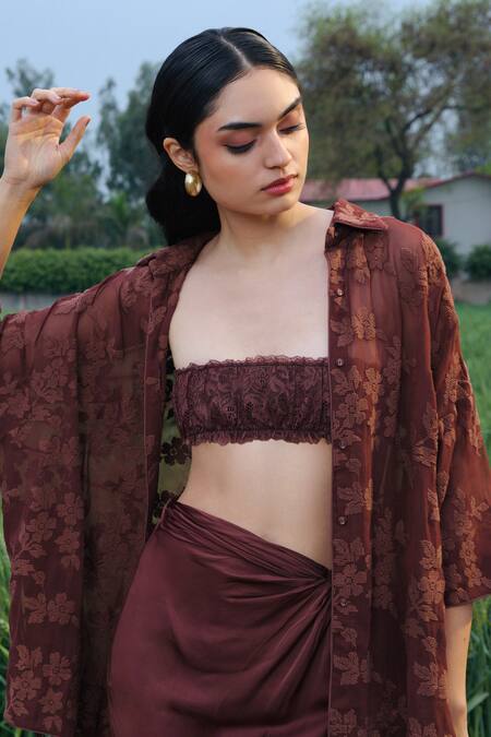 She'll_Brown Georgette, Satin Embroidery Open Neck Mocha Cross-stitch Set _at_Aza_Fashions
