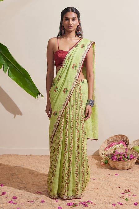 Dressfolk Green Linen Embroidery Saree