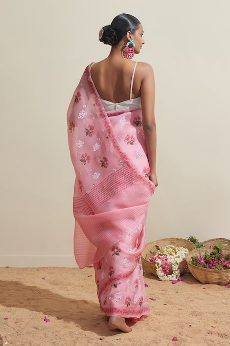 Dressfolk Floral Print Organza Saree with Running Blouse 