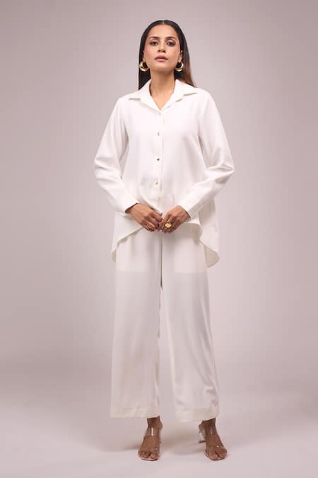 Samyukta Singhania White Crepe Sequin Shirt & Pant Set 