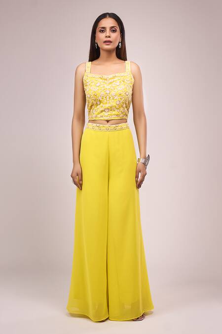 Samyukta Singhania_Yellow Georgette Sequins, Embroidery Square , Open Blouse And Palazzo Set_at_Aza_Fashions