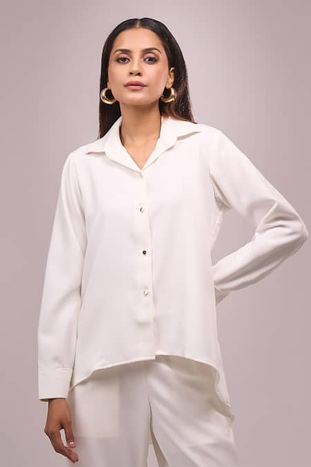 Naintara Bajaj_White Crepe Embroidery, Sequins Collared Shirt And Pant Set _Online_at_Aza_Fashions