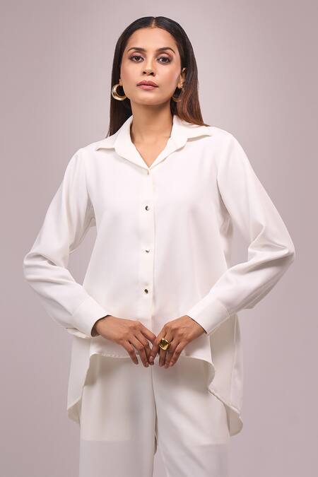 Shop_Naintara Bajaj_White Crepe Embroidery, Sequins Collared Shirt And Pant Set _Online_at_Aza_Fashions