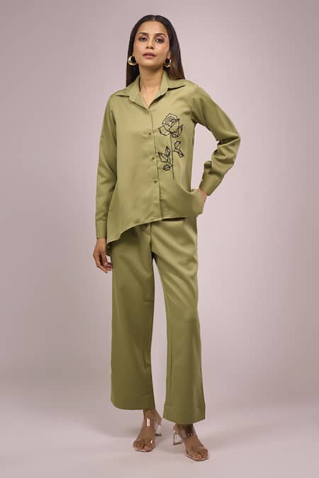 Samyukta Singhania Green Crepe Shirt & Pant Set 