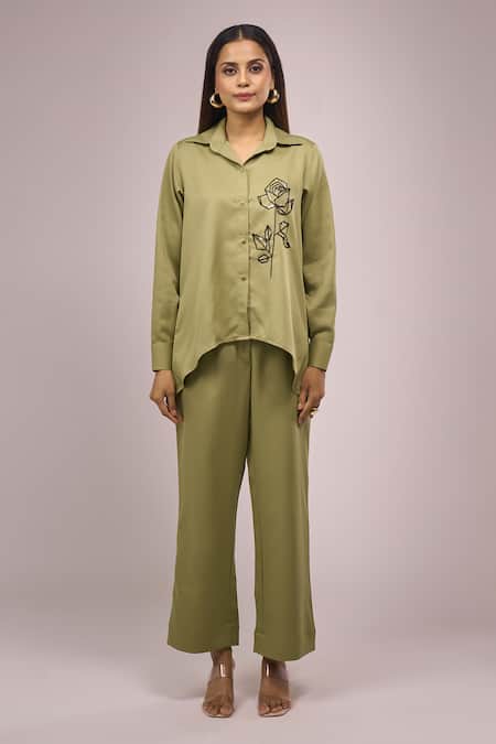 Buy_Samyukta Singhania_Green Crepe Embroidery Collared Shirt And Pant Set _Online_at_Aza_Fashions