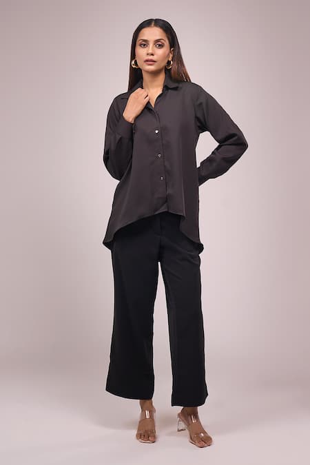 Buy_Naintara Bajaj_Black Crepe Sequins Collared Shirt And Pant Set _Online_at_Aza_Fashions