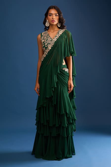 Shop_Samyukta Singhania_Green Georgette Embroidery, Sequins, Cut Work V-neck Dark Heavy Saree Set _Online_at_Aza_Fashions