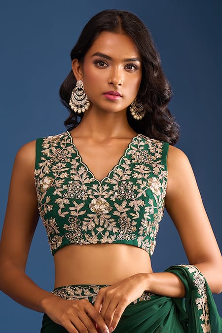 Samyukta Singhania_Green Georgette Embroidery, Sequins, Cut Work V-neck Dark Heavy Saree Set _at_Aza_Fashions