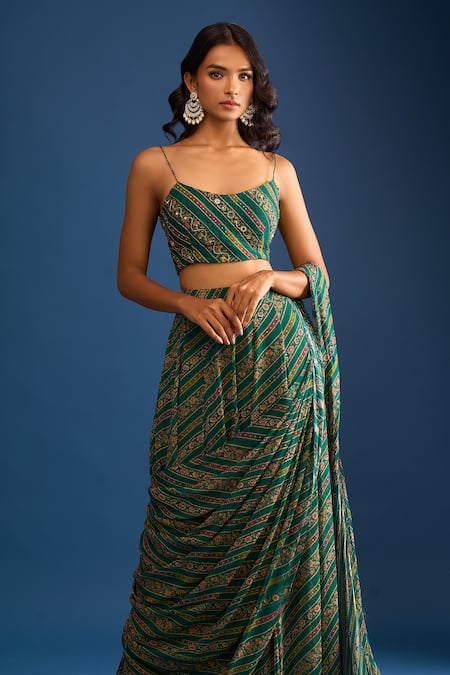 Shop_Samyukta Singhania_Green Georgette Sequins Round Neck Hand Embroidered Pre-draped Saree Set _Online_at_Aza_Fashions