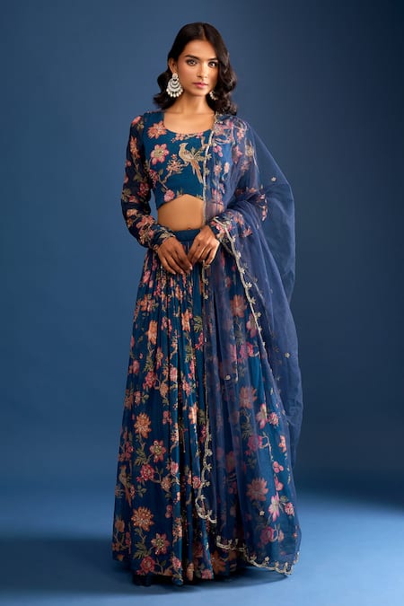 Samyukta Singhania Navy Blue Floral Embroidered Lehenga Set 