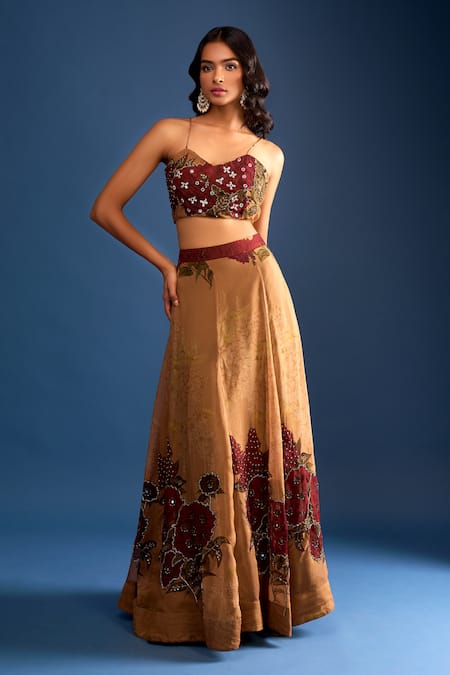 Shop_Samyukta Singhania_Brown Organza Sequins, Metallic Thread Sweetheart Heavy Embroidered Lehenga Set _Online_at_Aza_Fashions