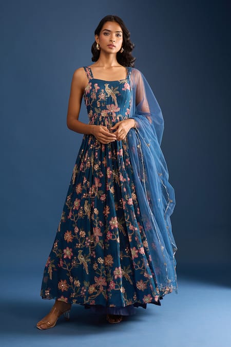Samyukta Singhania Navy Organza Sequins Blue Floral Anarkali Set 