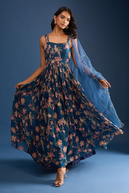 Buy Samyukta Singhania Navy Organza Sequins Blue Floral Anarkali Set Online at Aza Fashions Buy_Samyukta Singhania_Navy Organza Sequins Blue Floral Anarkali Set _Online_at_Aza_Fashions