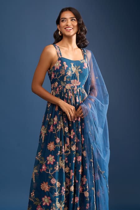 Shop Samyukta Singhania Navy Organza Sequins Blue Floral Anarkali Set Online at Aza Fashions Shop_Samyukta Singhania_Navy Organza Sequins Blue Floral Anarkali Set _Online_at_Aza_Fashions