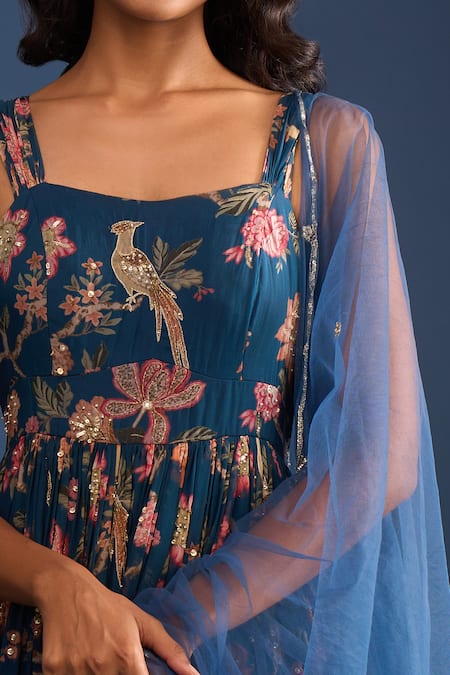 Samyukta Singhania Navy Organza Sequins Blue Floral Anarkali Set at Aza Fashions Samyukta Singhania_Navy Organza Sequins Blue Floral Anarkali Set _at_Aza_Fashions