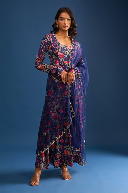 Samyukta Singhania Navy Cotton, Silk Sequins, Zari, Embroidery Round Neck Blue Floral Anarkali Set Online at Aza Fashions Samyukta Singhania_Navy Cotton, Silk Sequins, Zari, Embroidery Round Neck Blue Floral Anarkali Set _Online_at_Aza_Fashions