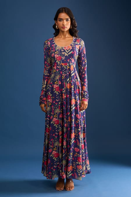 Buy Samyukta Singhania Navy Cotton, Silk Sequins, Zari, Embroidery Round Neck Blue Floral Anarkali Set Online at Aza Fashions Buy_Samyukta Singhania_Navy Cotton, Silk Sequins, Zari, Embroidery Round Neck Blue Floral Anarkali Set _Online_at_Aza_Fashions