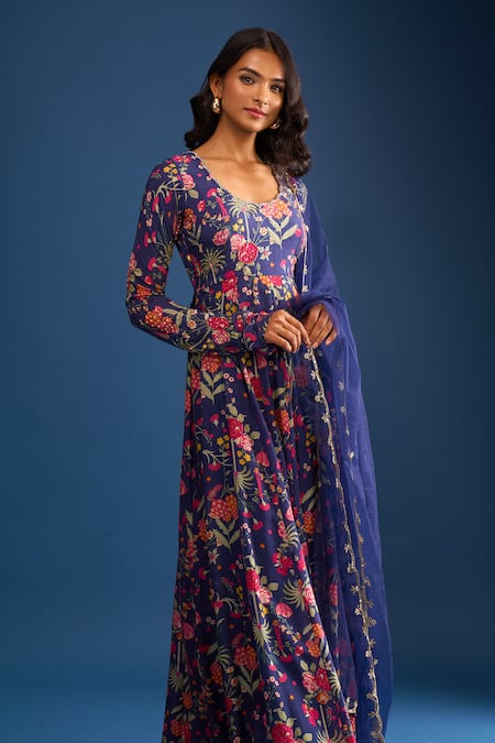 Shop Samyukta Singhania Navy Cotton, Silk Sequins, Zari, Embroidery Round Neck Blue Floral Anarkali Set Online at Aza Fashions Shop_Samyukta Singhania_Navy Cotton, Silk Sequins, Zari, Embroidery Round Neck Blue Floral Anarkali Set _Online_at_Aza_Fashions