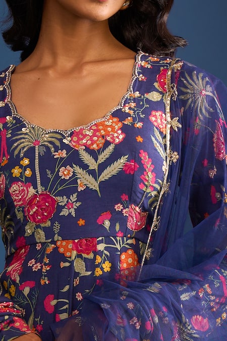 Samyukta Singhania Navy Cotton, Silk Sequins, Zari, Embroidery Round Neck Blue Floral Anarkali Set at Aza Fashions Samyukta Singhania_Navy Cotton, Silk Sequins, Zari, Embroidery Round Neck Blue Floral Anarkali Set _at_Aza_Fashions