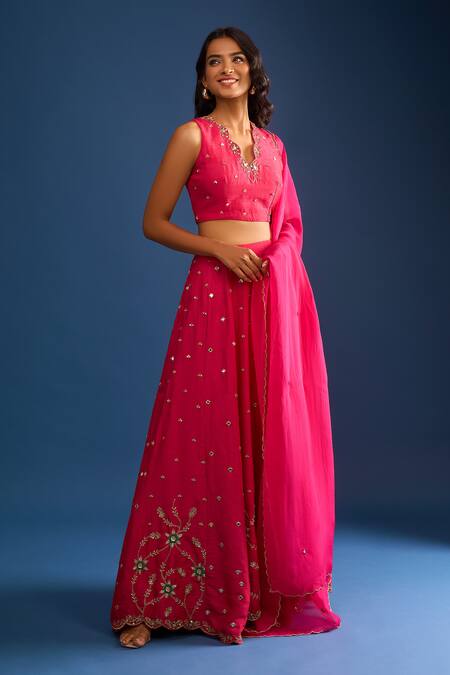 Samyukta Singhania Pink Silk Sequins, Metallic Thread, Embroidery V-neck Raw Lehenga Set Online at Aza Fashions Samyukta Singhania_Pink Silk Sequins, Metallic Thread, Embroidery V-neck Raw Lehenga Set _Online_at_Aza_Fashions