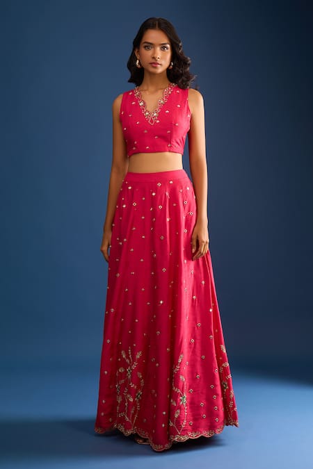 Buy Samyukta Singhania Pink Silk Sequins, Metallic Thread, Embroidery V-neck Raw Lehenga Set Online at Aza Fashions Buy_Samyukta Singhania_Pink Silk Sequins, Metallic Thread, Embroidery V-neck Raw Lehenga Set _Online_at_Aza_Fashions
