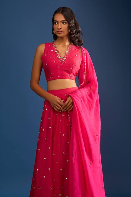 Shop Samyukta Singhania Pink Silk Sequins, Metallic Thread, Embroidery V-neck Raw Lehenga Set Online at Aza Fashions Shop_Samyukta Singhania_Pink Silk Sequins, Metallic Thread, Embroidery V-neck Raw Lehenga Set _Online_at_Aza_Fashions