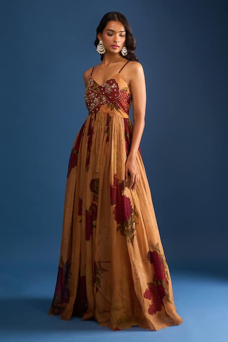 Buy_Samyukta Singhania_Brown Organza Sequins Sweetheart Neck Floral Embroidered Gown _Online_at_Aza_Fashions