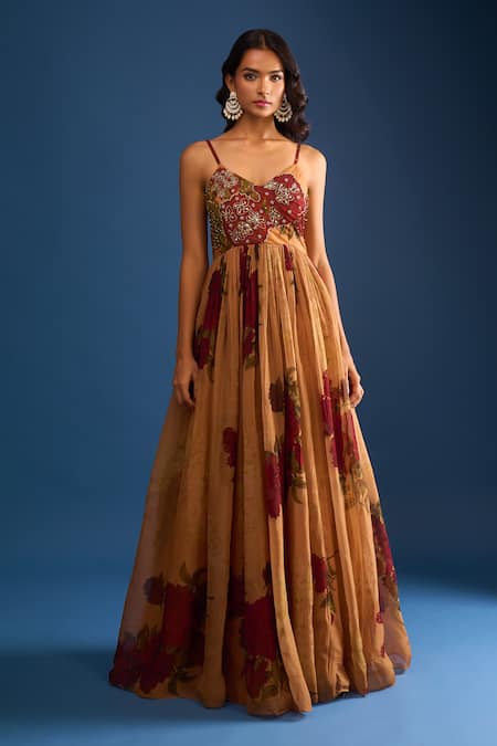 Shop_Samyukta Singhania_Brown Organza Sequins Sweetheart Neck Floral Embroidered Gown _Online_at_Aza_Fashions