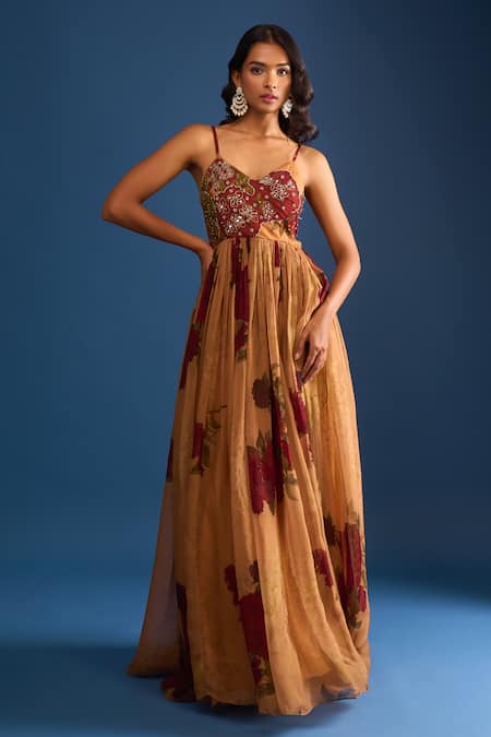 Samyukta Singhania Brown Floral Embroidered Gown 