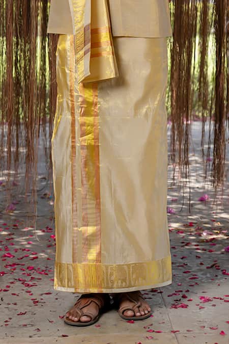 Hilo Design_Gold Silk Embroidery Tissue Kanjivaram Set _Online_at_Aza_Fashions