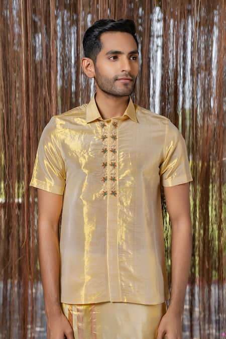 Buy_Hilo Design_Gold Silk Embroidery Tissue Kanjivaram Set _Online_at_Aza_Fashions