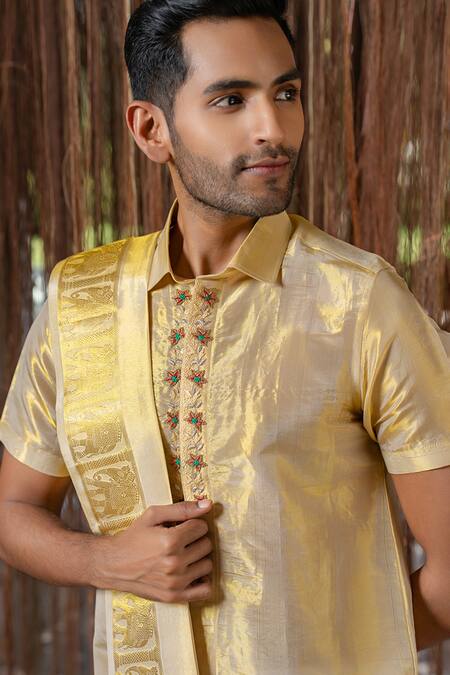 Shop_Hilo Design_Gold Silk Embroidery Tissue Kanjivaram Set _Online_at_Aza_Fashions