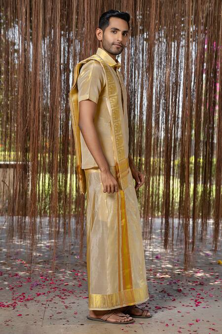 Hilo Design_Gold Silk Embroidery Tissue Kanjivaram Set _at_Aza_Fashions